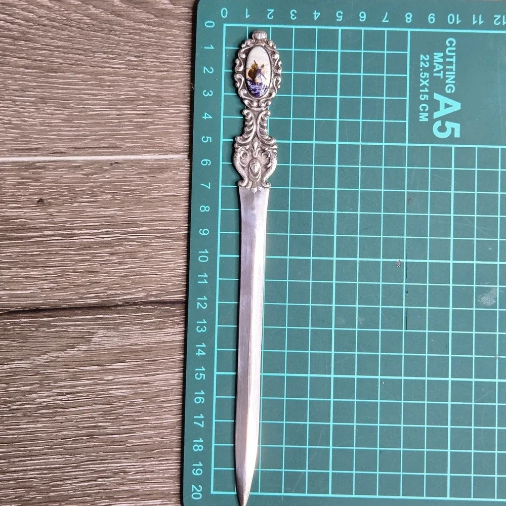 Vintage 800 Silver Ornate Letter Opener w/ Porcelain Windmill Scene 34g European